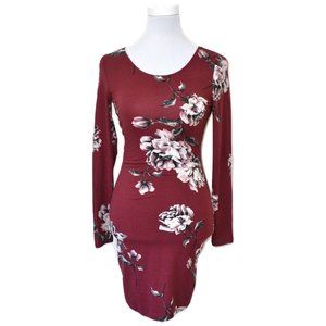Floral Maroon 'Iris' Open Back Long Sleeve Dress